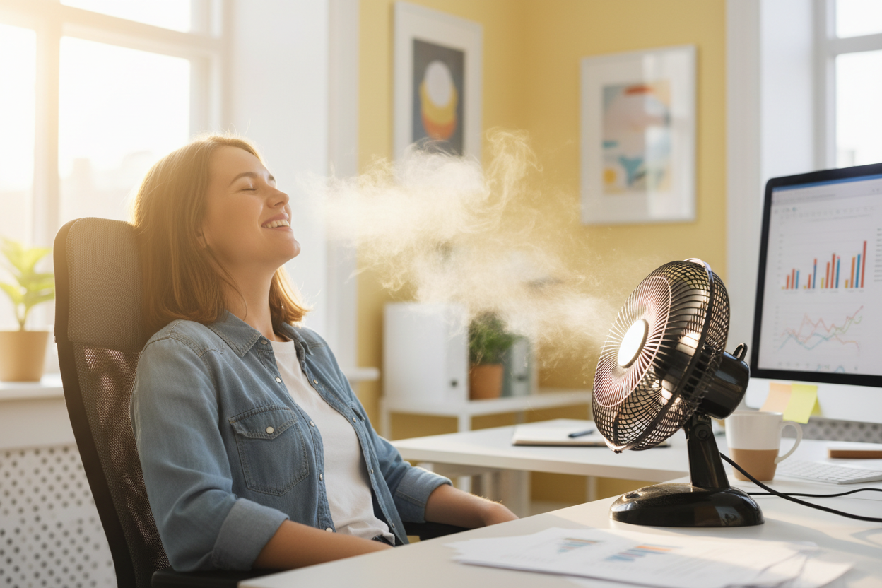 someone sitting in an office chair with a fan blowing in their face with a smile